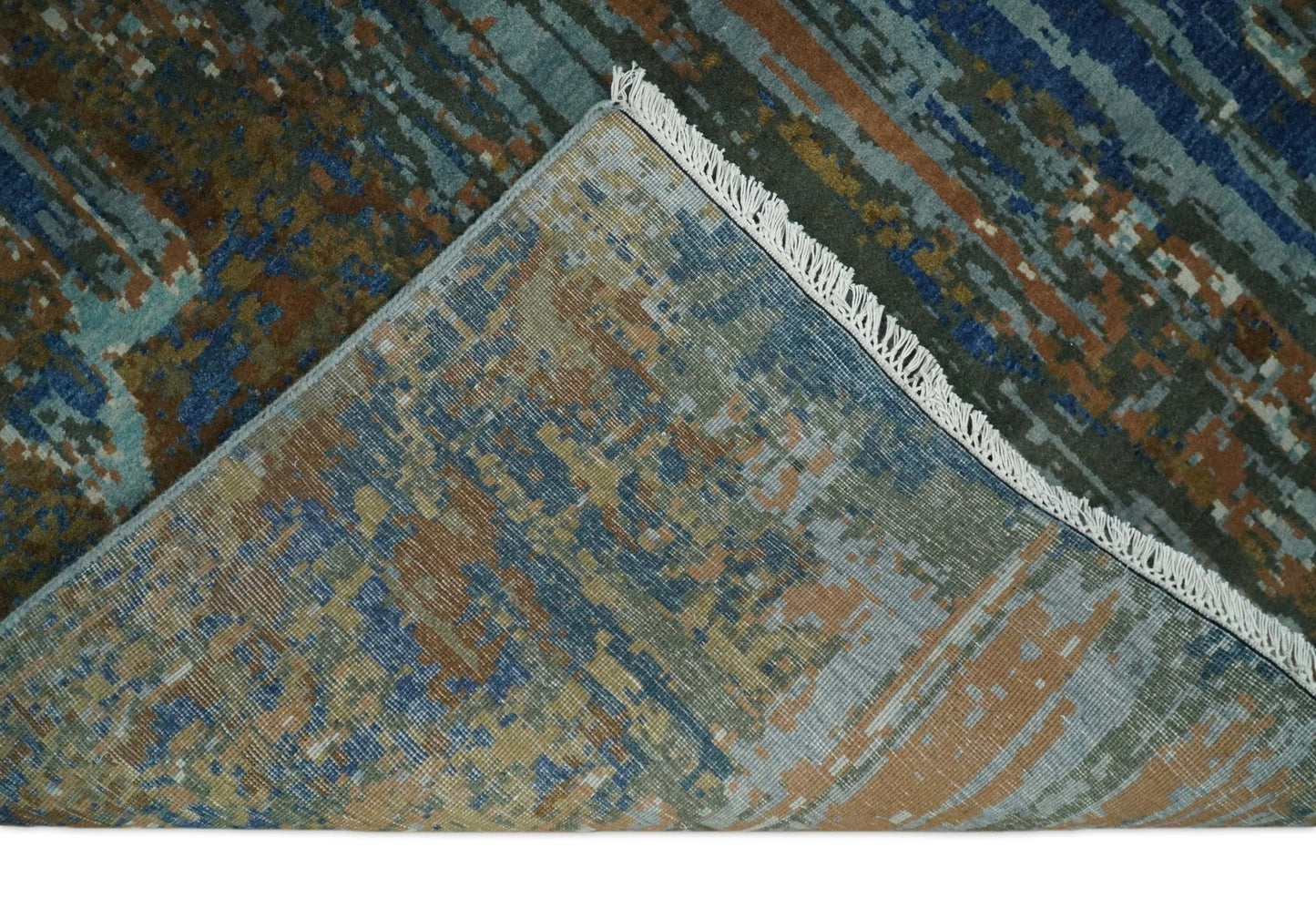 8x10 Fine Hand Knotted Blue and Brown Modern Abstract Wool Area Rug | AGR42