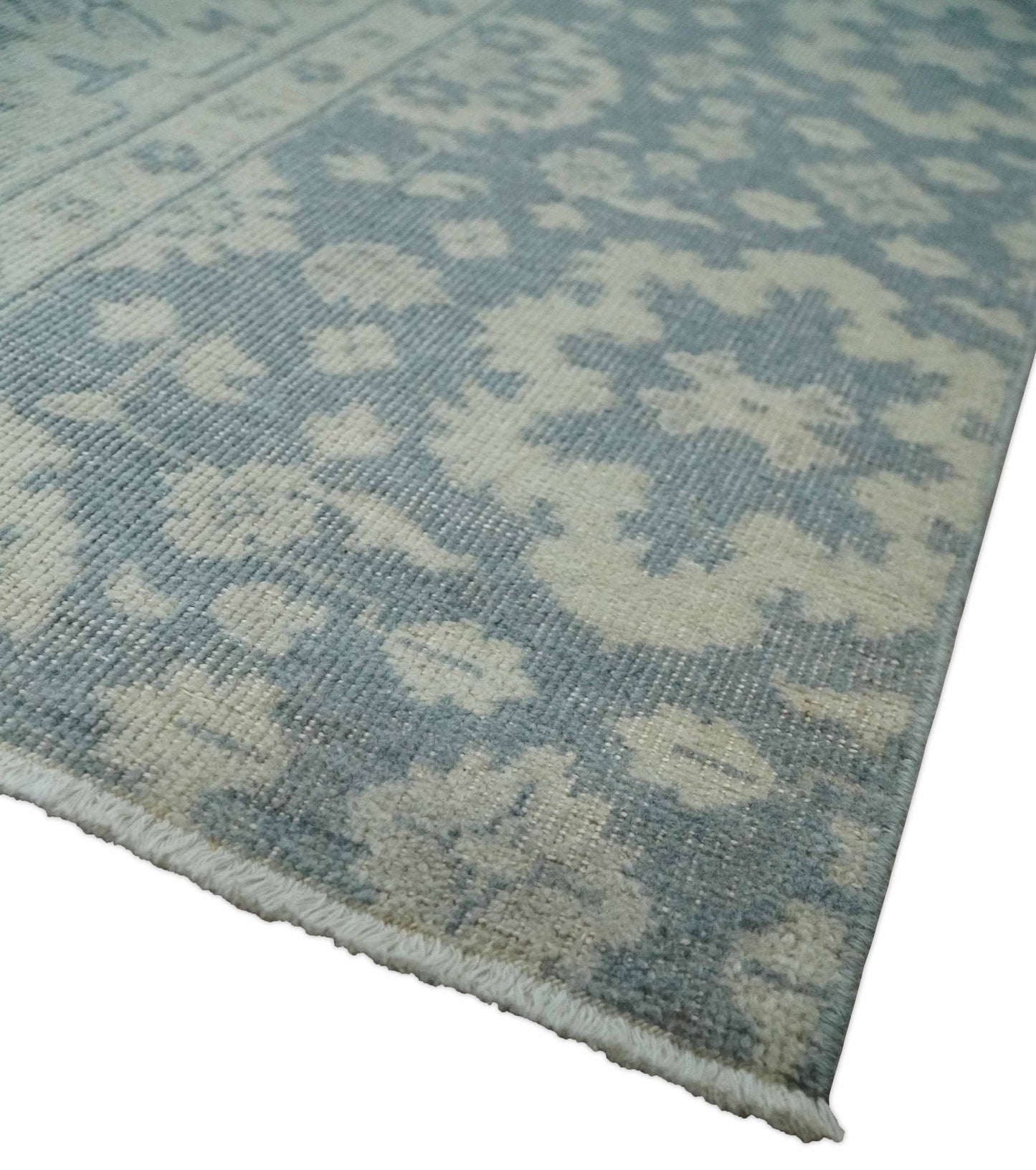 Antique Style Ivory and Charcoal Hand Knotted Traditional Oushak 2x4 wool Bedside Rug