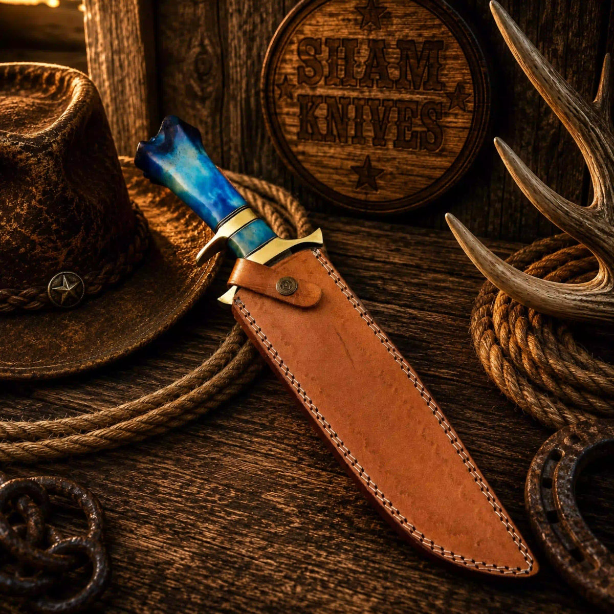 Frontier Legend Bowie Knife – Damascus, Blue Camel Bone & Sheath